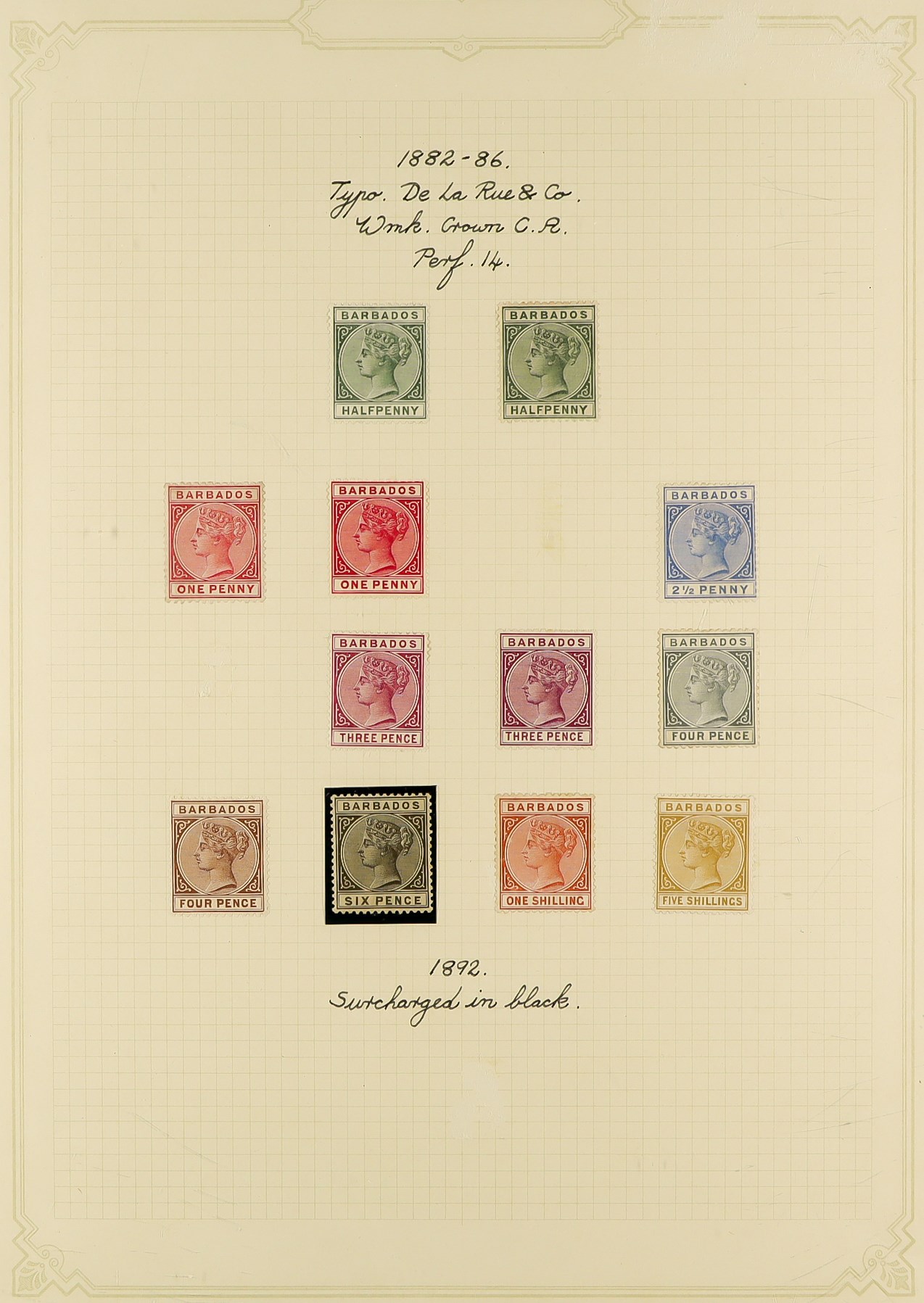 BARBADOS 1882-86 Wmk Crown CA set with all additional shades of the ½d, 1d, 3d, and the 4d grey