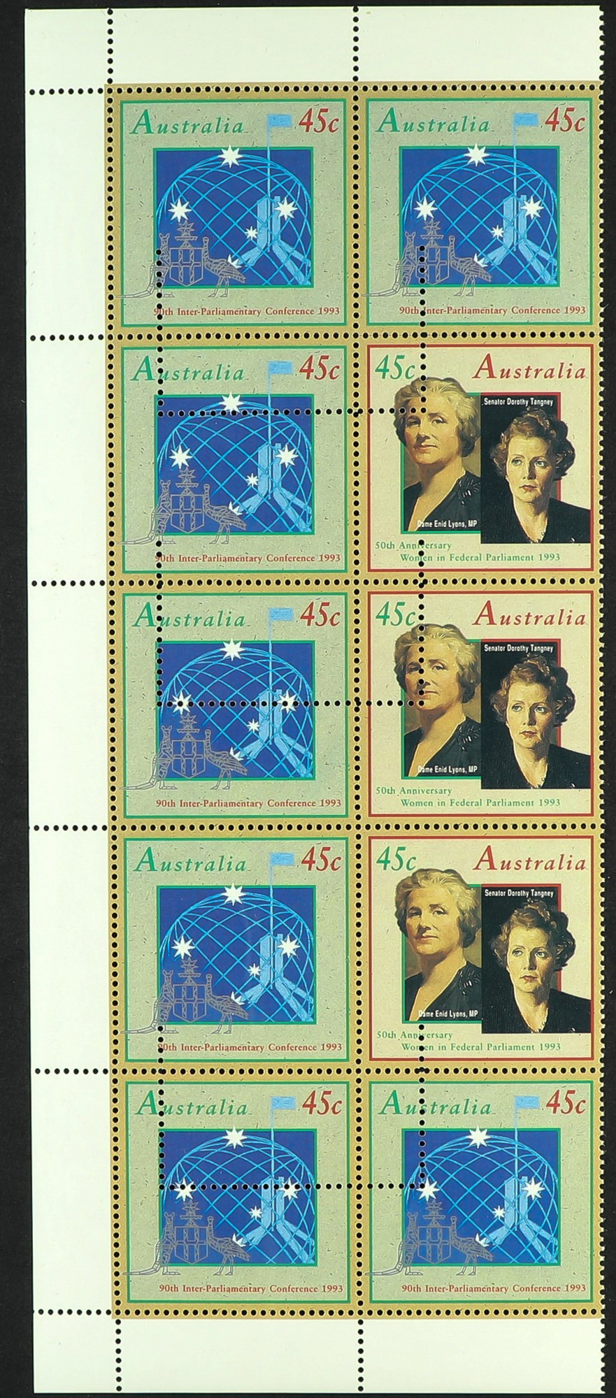 AUSTRALIA 1993 45c Parliament and Women issue (SG 1421/22) block of 10 stamps unissued with printers