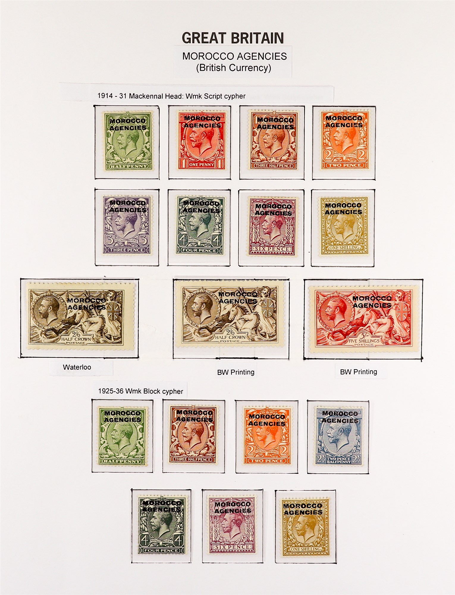 MOROCCO AGENCIES BRITISH CURRENCY 1914 - 1937 collection of over 30 mint stamps on pages, note