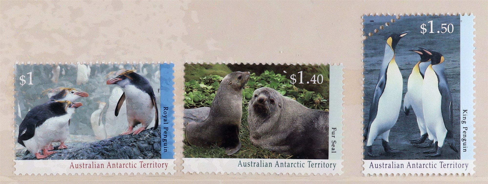 AUSTRALIAN ANT.TERR 1993 $1, $1.40 & $1.50 Antarctic Wildlife values, the $1.50 King Penguin with