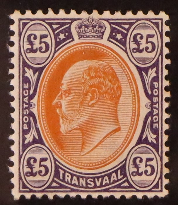 SOUTH AFRICA -COLS & REPS TRANSVAAL 1903 £5 orange-brown and violet, SG 259, mint very lightly