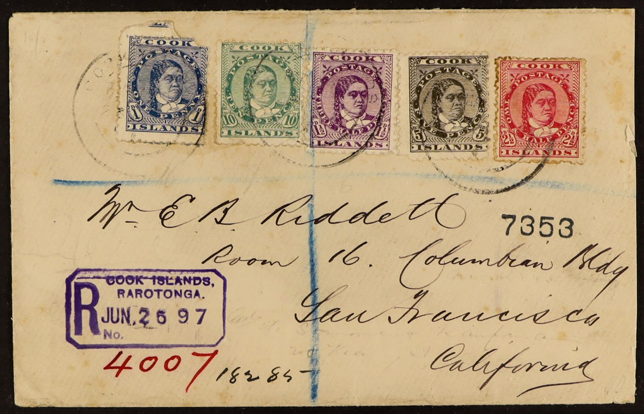 COOK IS. 1897 (Jun) env registered to San Francisco with Queen 1d, 1½d, 2½d, 5d and 10d five-