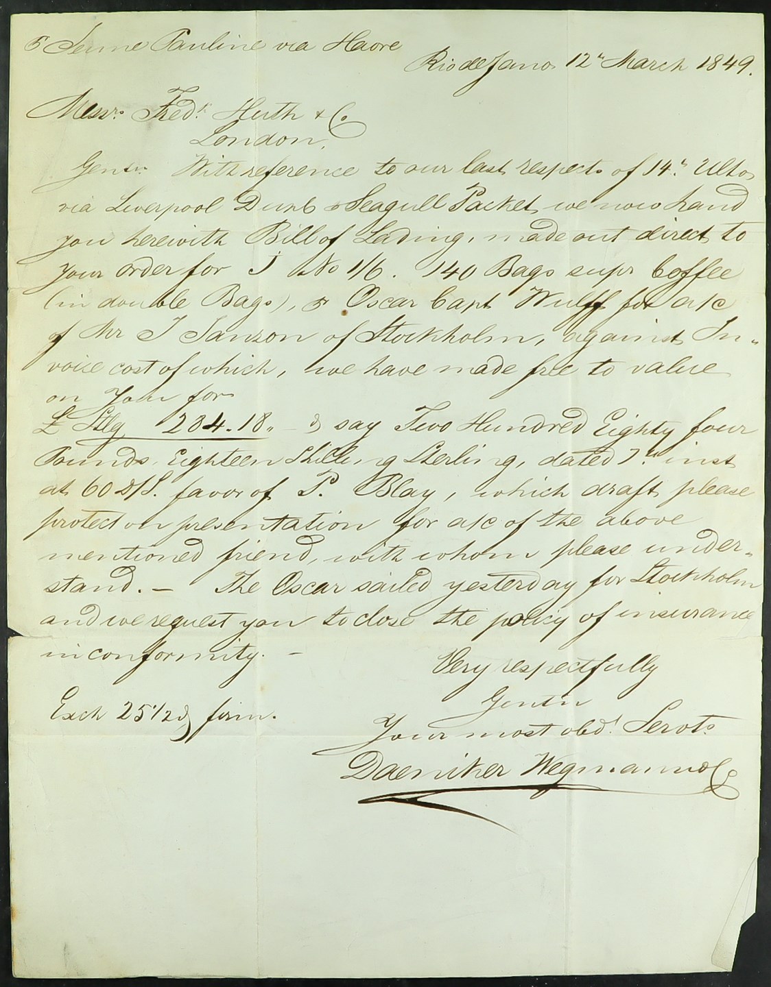 GB. COVERS & POSTAL HISTORY 1849 (12th March) a letter charged ‘2/-’ from Rio de Janeiro, Brazil, to - Image 3 of 4