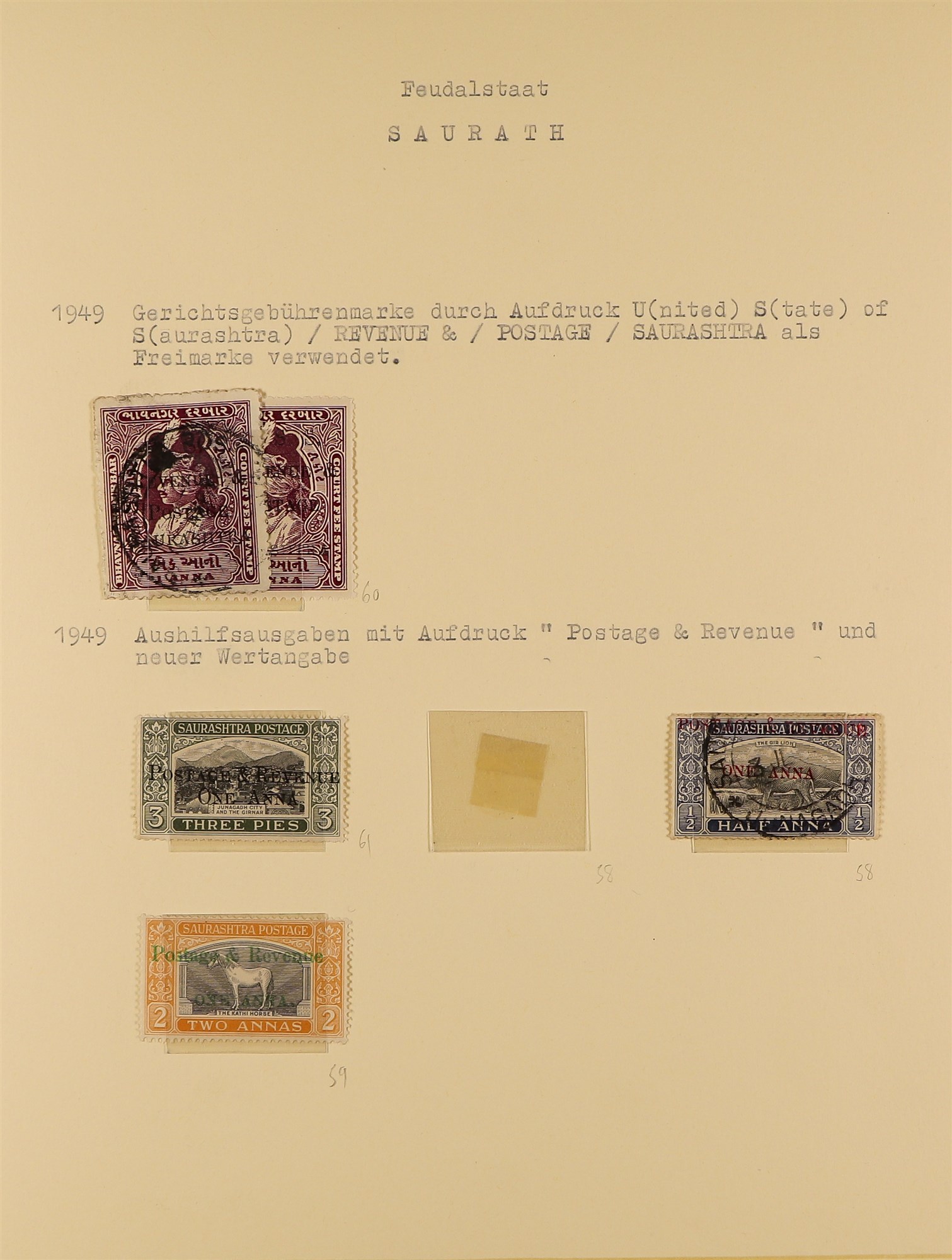 INDIAN FEUDATORY STATES SORUTH 1868 - 1949 mint and used collection of around 60 stamps on album - Image 4 of 6