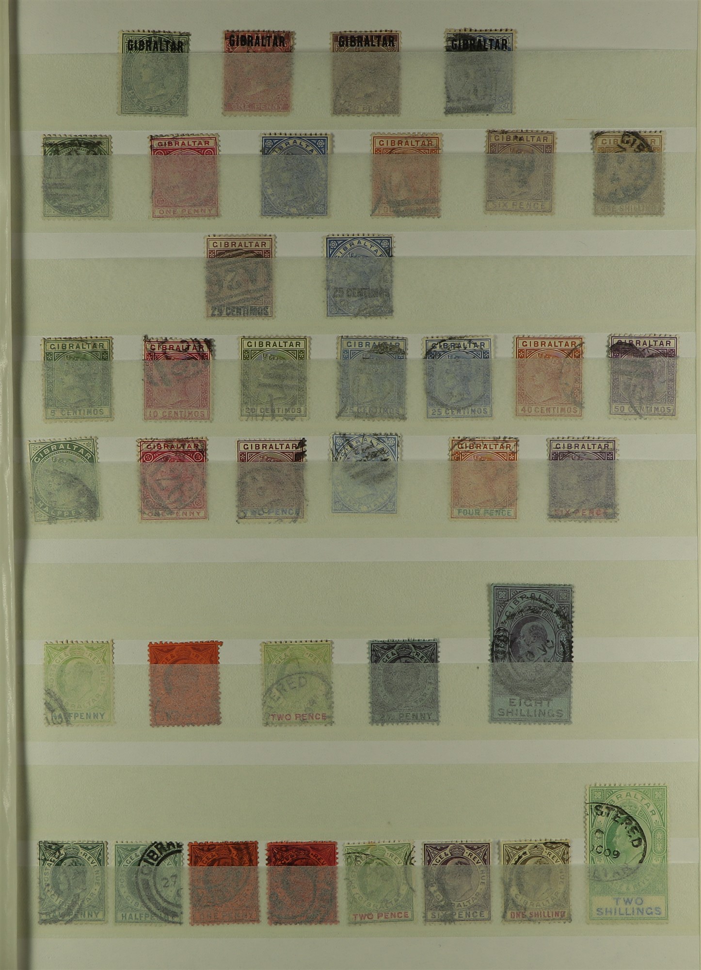 GIBRALTAR 1886 - 1933 COLLECTION of over 75 used stamps on protective pages, values to 8s & 10s,