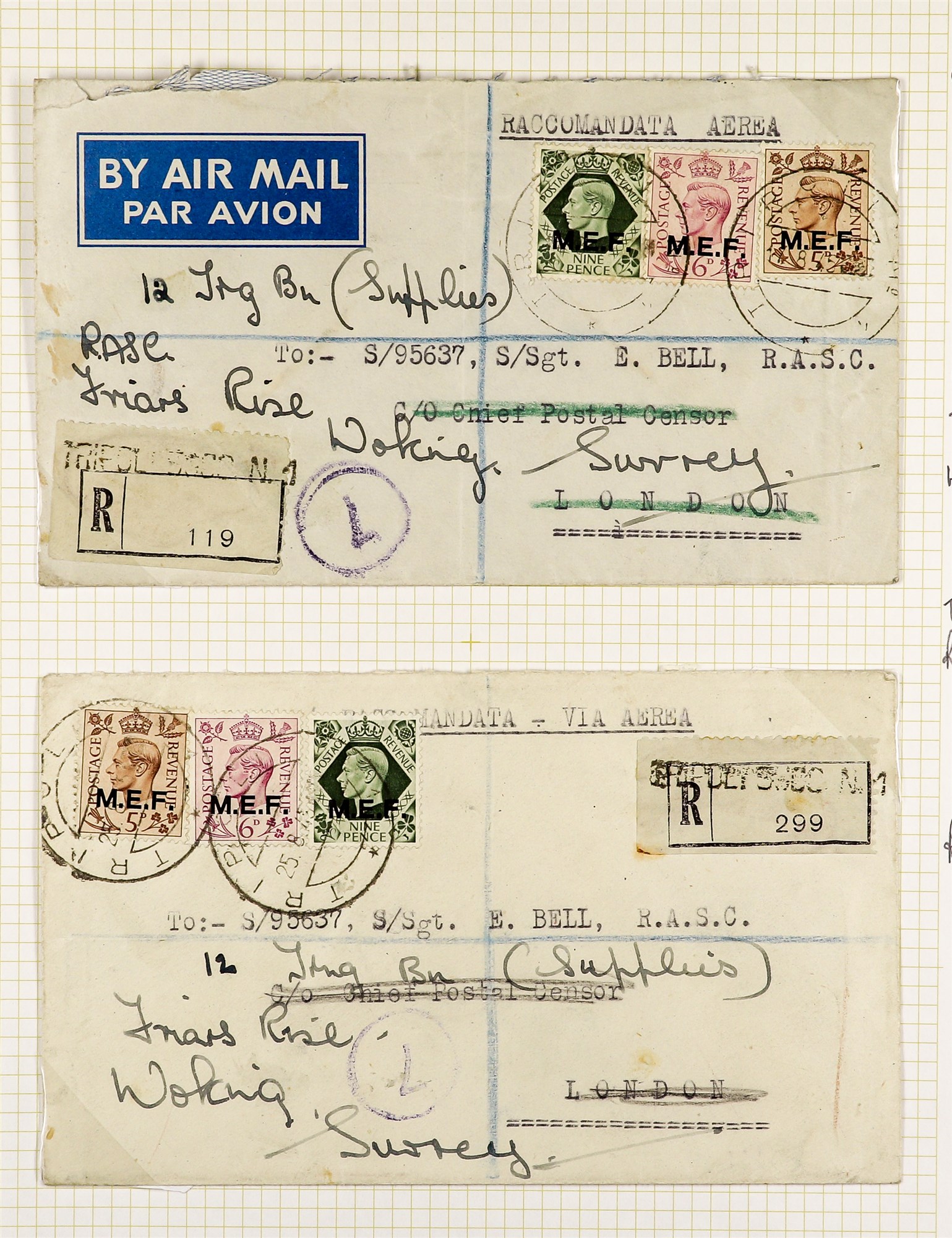 BR. OCC. ITAL. COL. M.E.F. 1943 - 1949 COVERS nicely written up collection of 19 items on album - Image 13 of 14