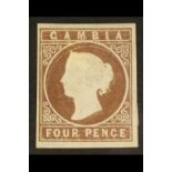 GAMBIA 1869-72 4d pale brown with masively misplaced embossing (SG 2 variety) unused with 4 margins.