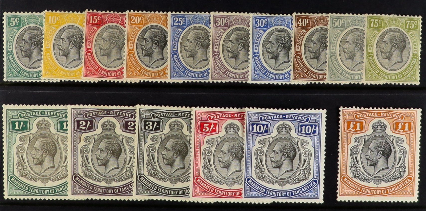 TANGANYIKA 1927-31 set, SG 93/107, mint - the £1 value never hinged. Cat. £500 (16 stamps)