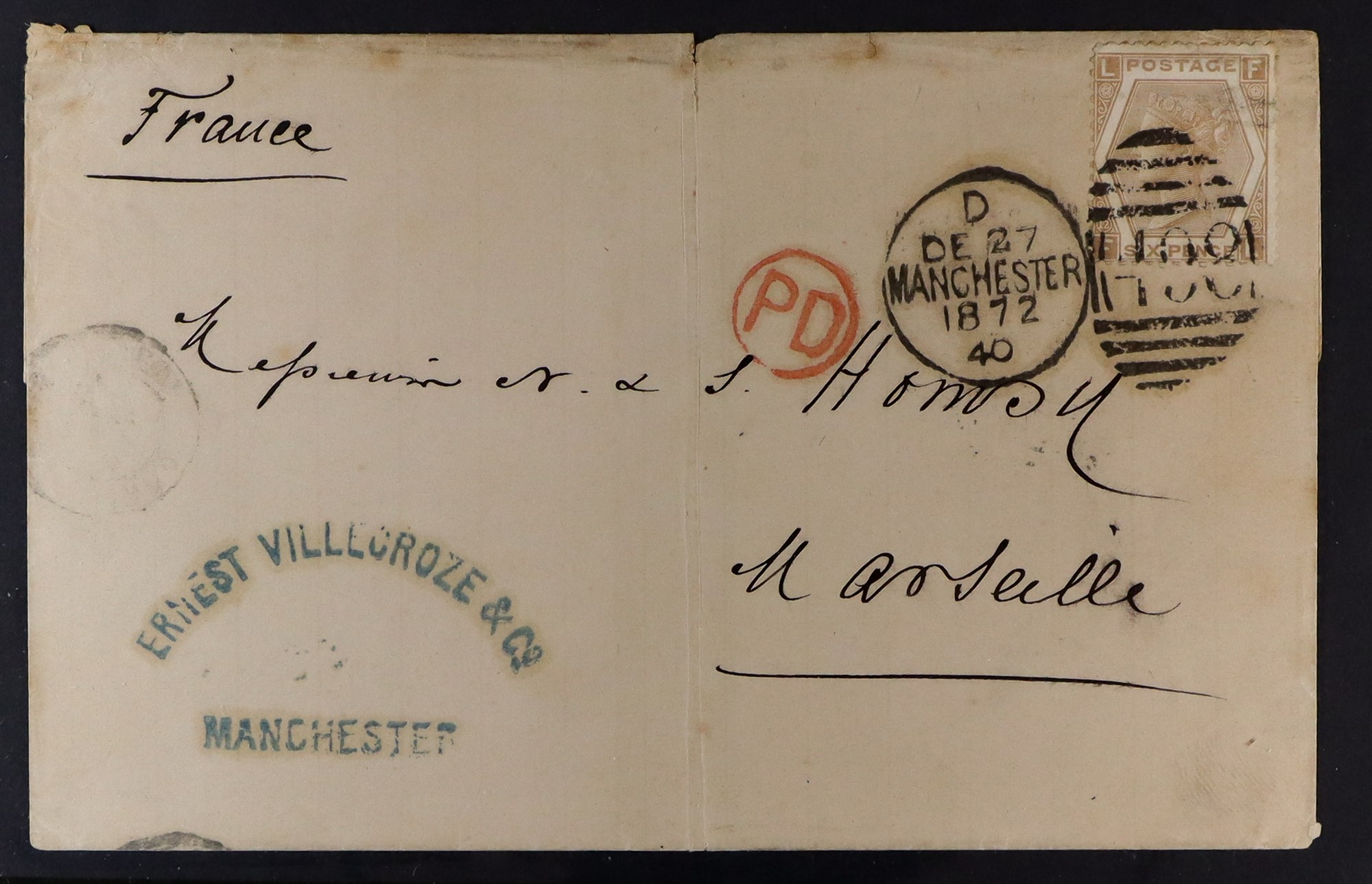 GB.QUEEN VICTORIA 1872 6d pale buff plate 12 (SG 123) nicely used on L.S. to France with some folds,