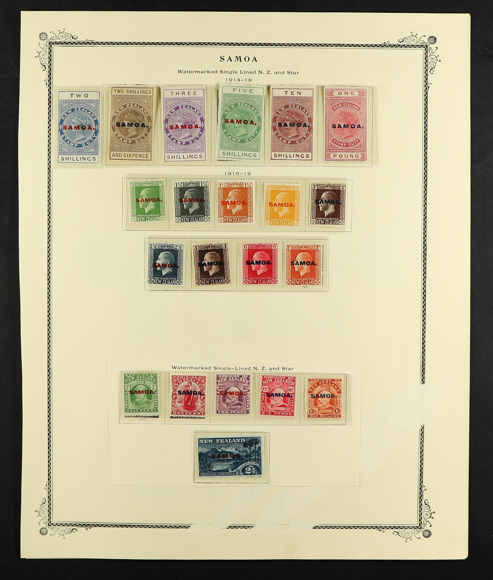 SAMOA 1914 - 1958 MINT COLLECTION of over 90 stamps, on album pages, 1914-24 Postal Fiscals set,