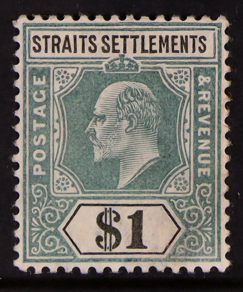 MALAYA-STRAITS SETT. 1904-10 $1 dull green & black ordinary paper DAMAGED FRAME AND CROWN (Spaven