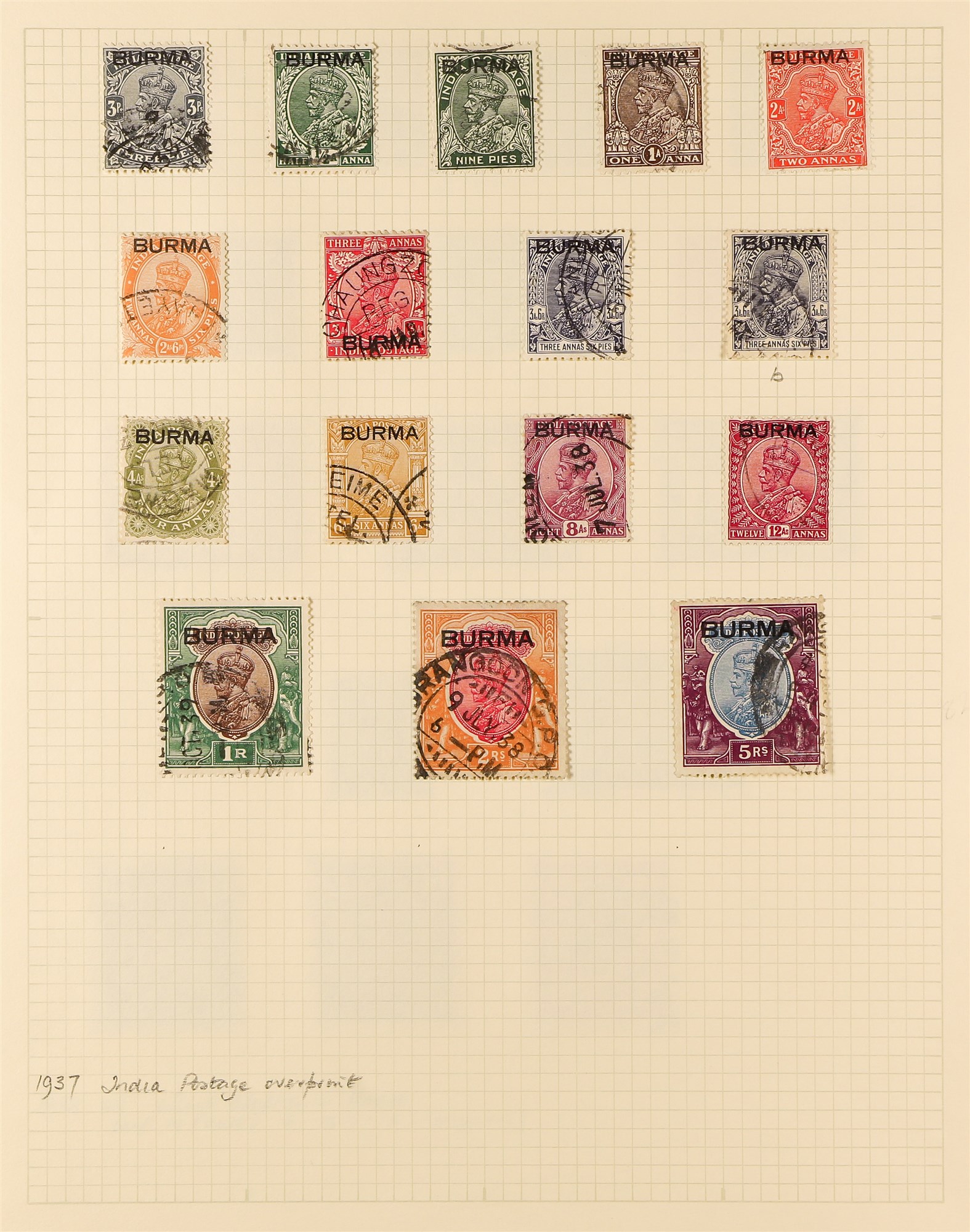 BURMA 1937 - 1947 COLLECTION of 100+ used stamps on album pages, 1937 set to 5r, 1938-40 set to