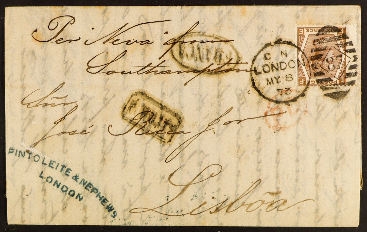 GB.QUEEN VICTORIA 1873 (8 May) EL from London to Lisbon, Portugal bearing 6d chestnut (plate 11)