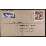 GB.GEORGE VI 1948 (1 Oct) £1 brown Arms (SG 478c) on registered fdc, arrival cds on reverse.