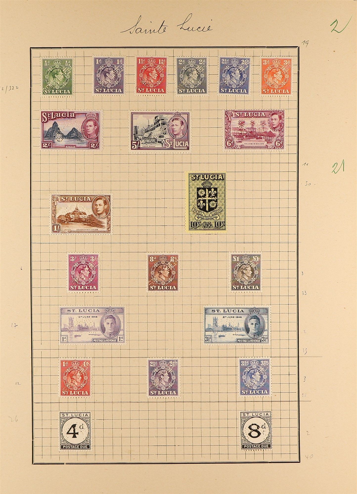 ST LUCIA 1935 - 1947 "SPECIMEN" STAMPS. 40 stamps affixed to two archival pages, the 1935 Silver