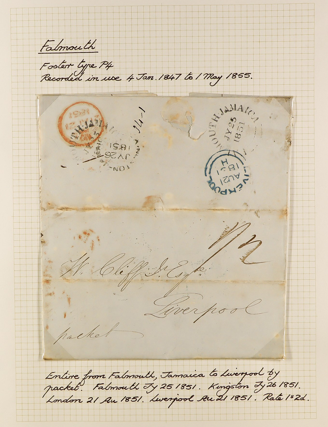 JAMAICA 1834 - 1860 PRE-STAMP COVERS COLLECTION of 36 pre-stamp entire letters and envs expertly - Image 7 of 38