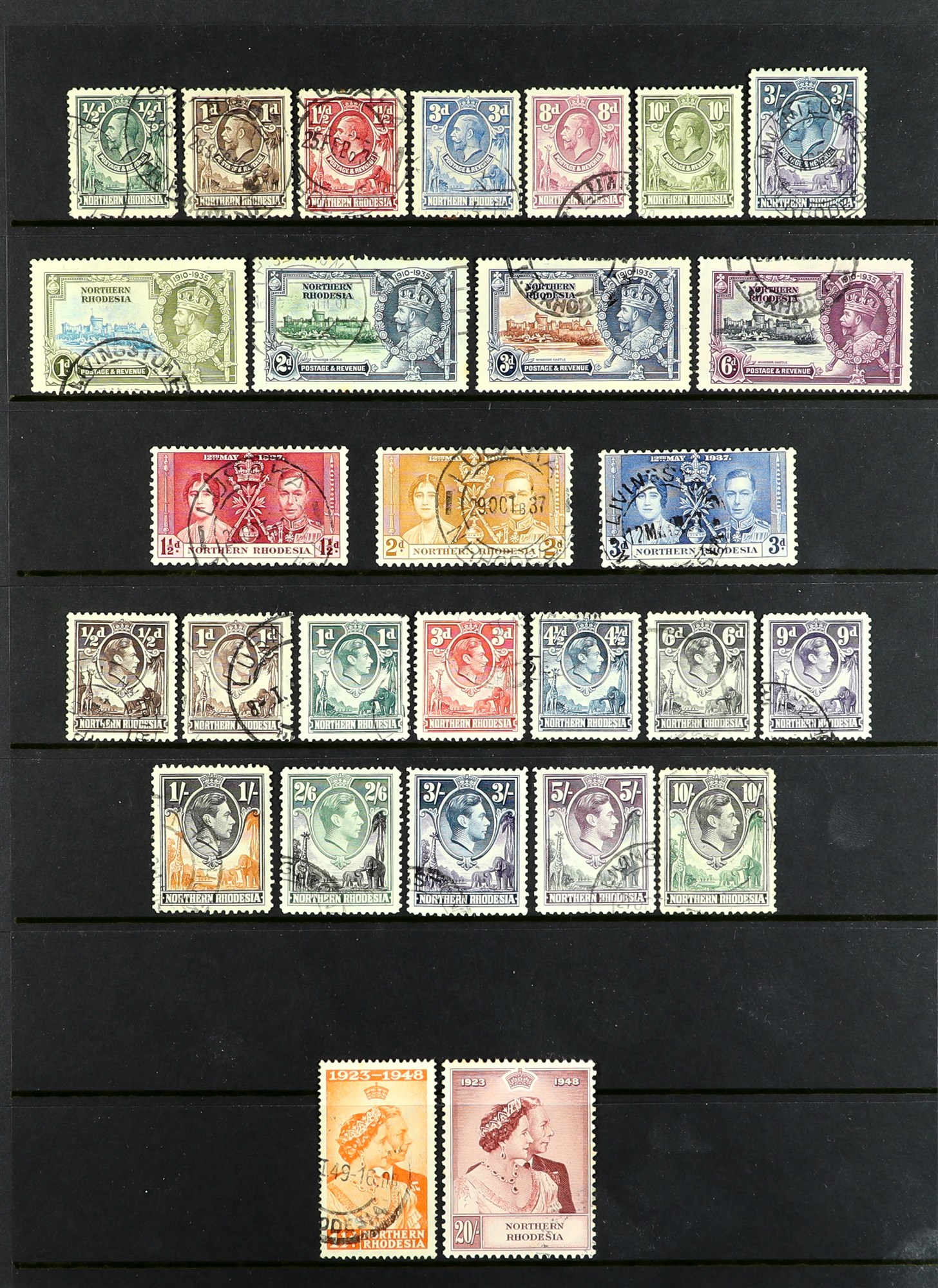 NORTHERN RHODESIA 1925 - 1948 USED COLLECTION of 28 stamps on protective pages incl. high values,