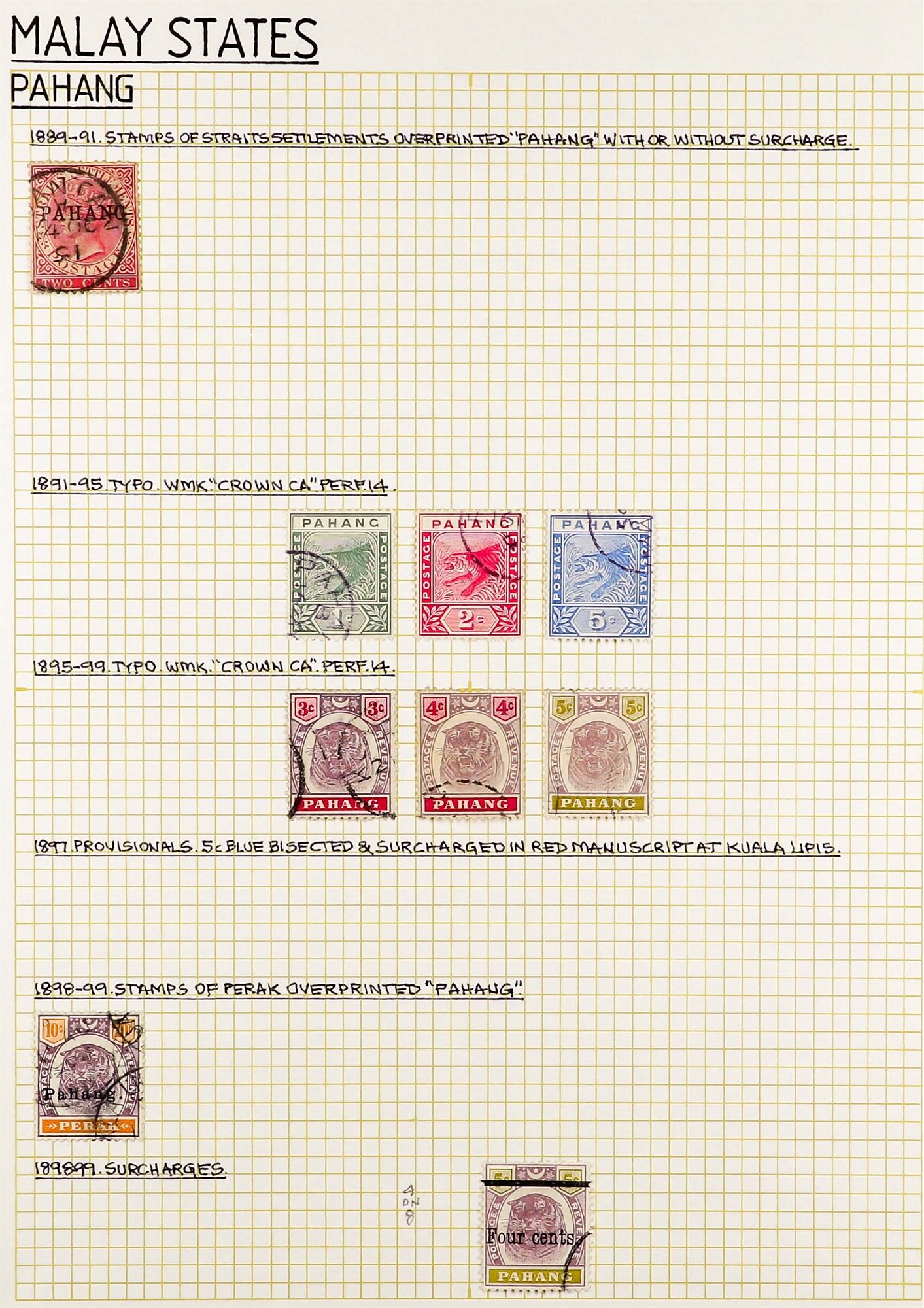 MALAYA STATES PAHANG 1889 - 1965 COLLECTION of 68 very fine used stamps on several album pages, note