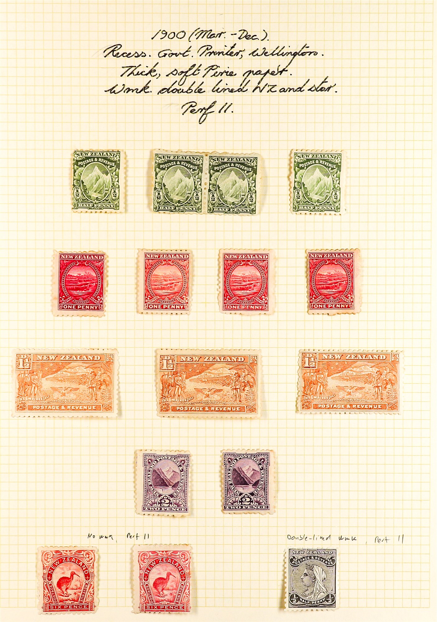 NEW ZEALAND 1900 - 1920 SEMI-SPECIALIZED MINT COLLECTION of 180+ stamps annotated on pages with