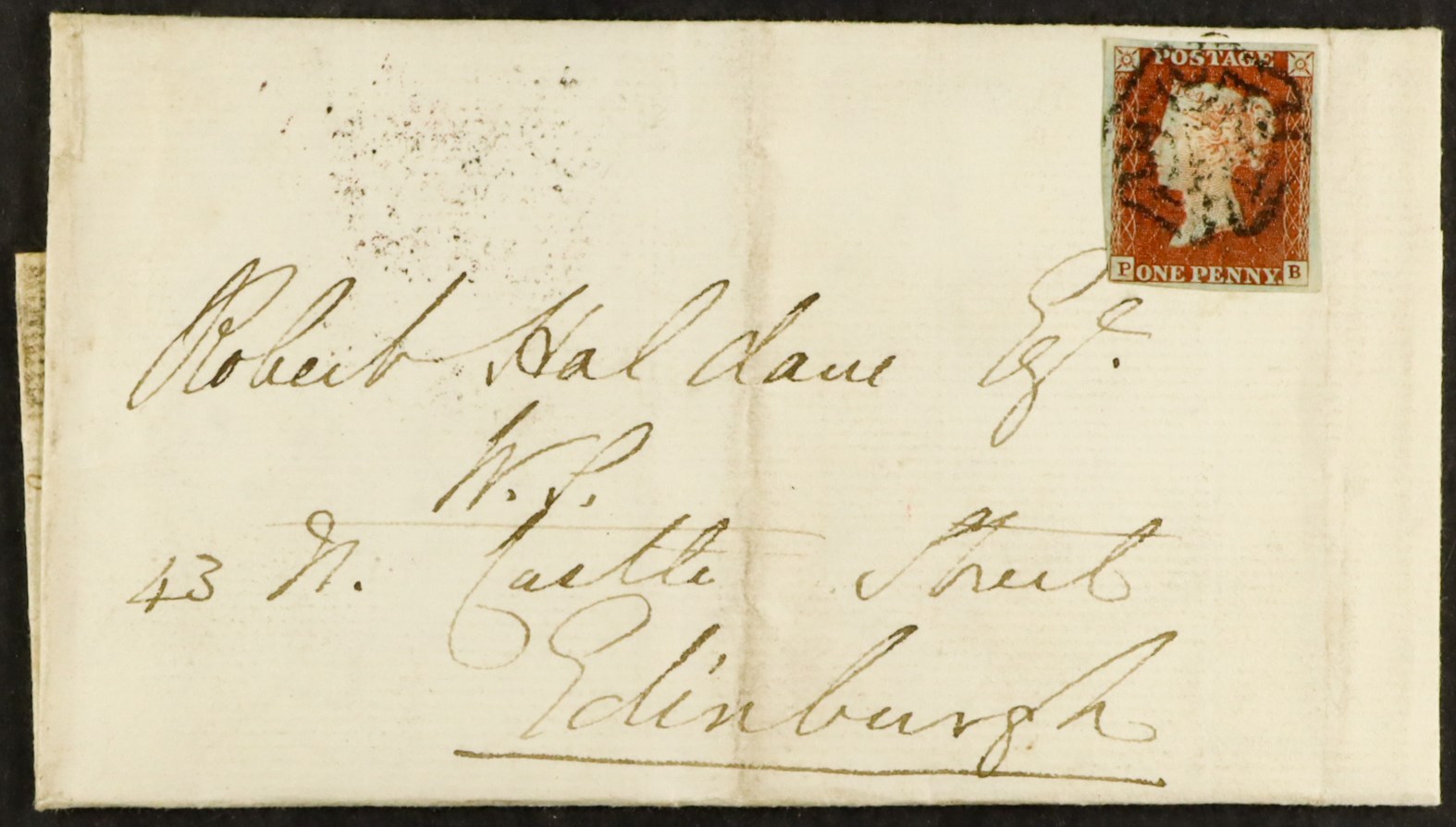 GB.QUEEN VICTORIA 1843 (1 Nov) EL to Edinburgh bearing 1d red-brown imperf with 4 margins (close one