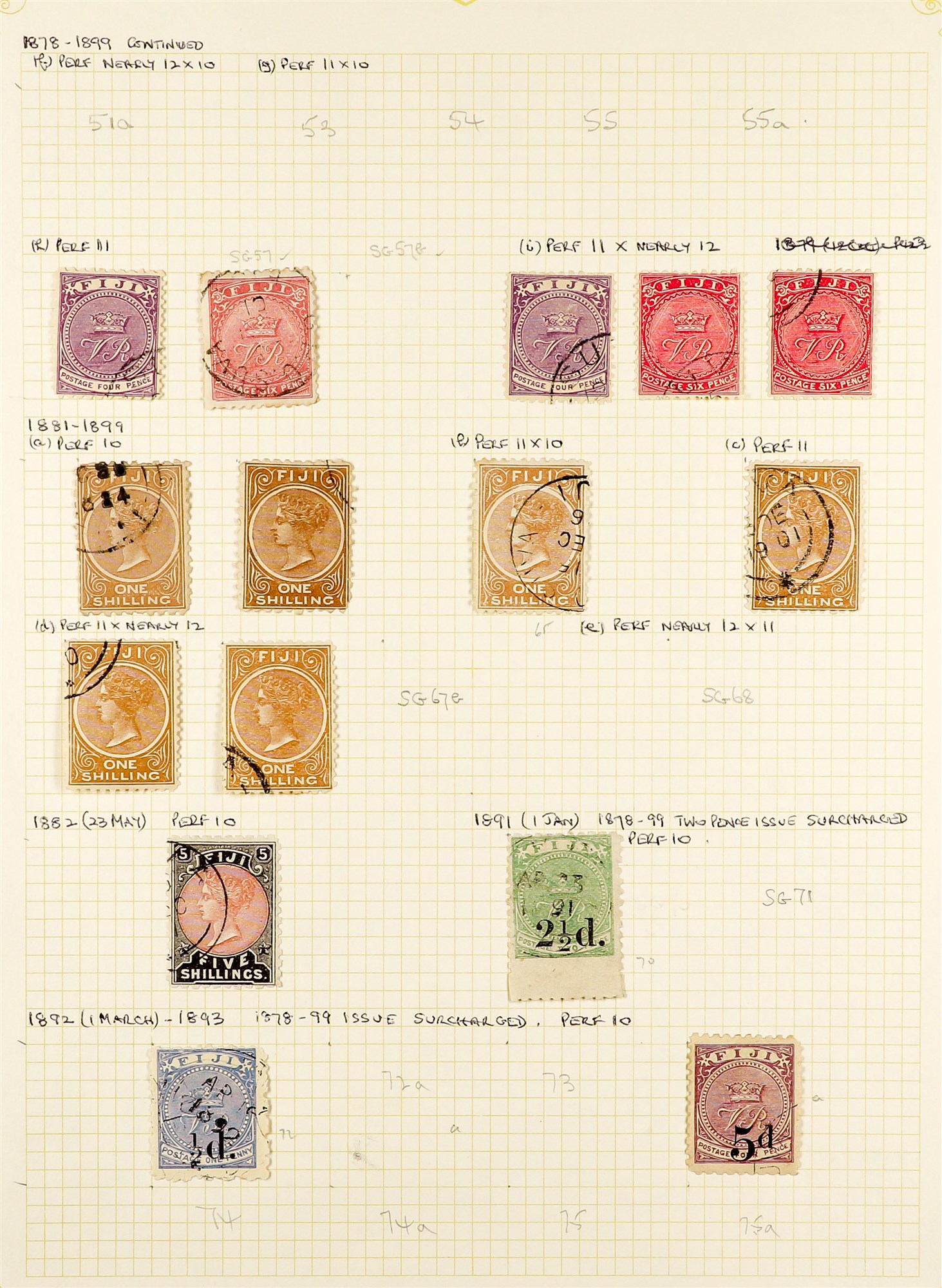 FIJI 1871 - 1891 COLLECTION of over 60 stamps on pages, note 1871 1d, 1872 surcharges set, 1876-66 - Image 2 of 3