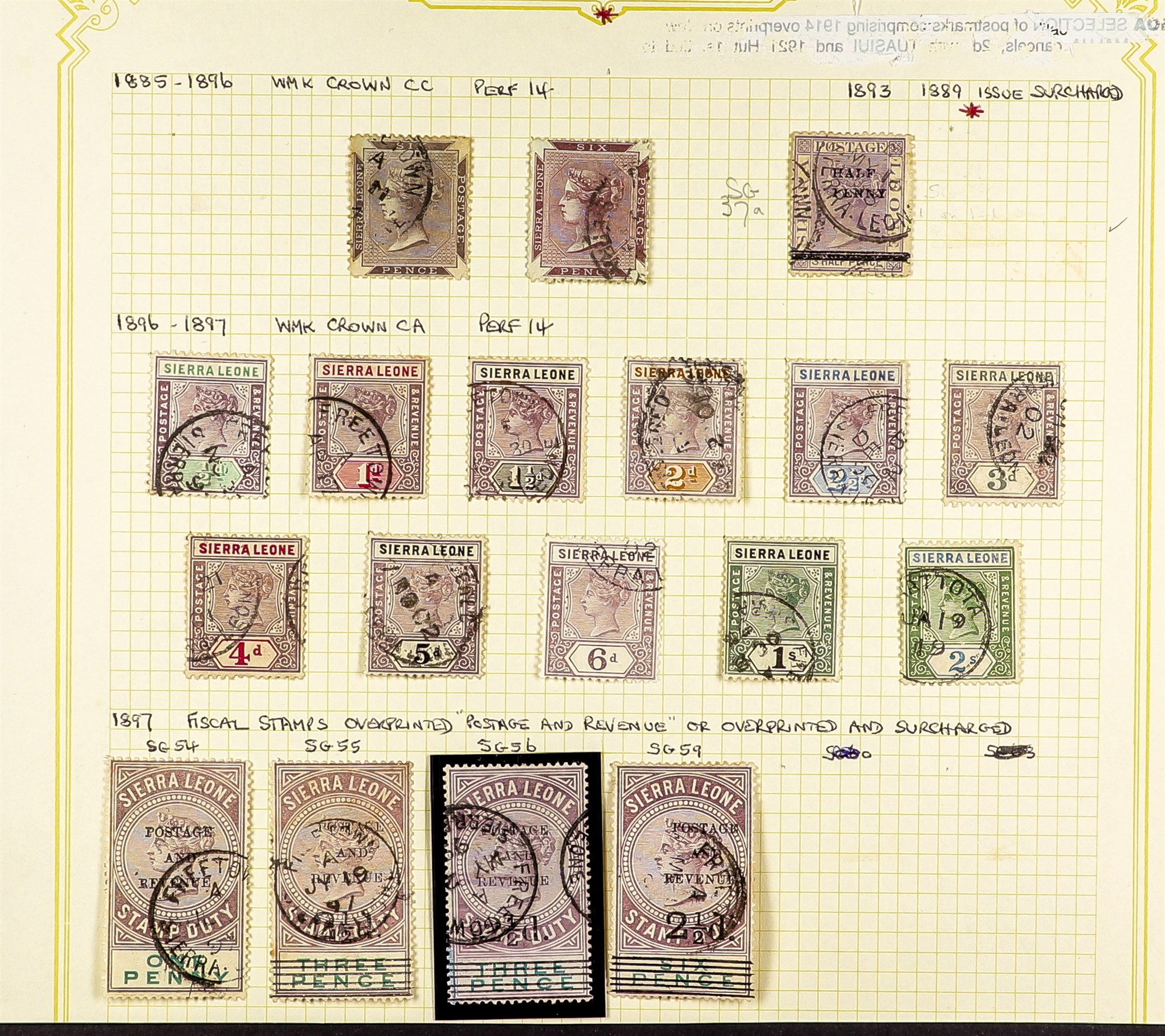 SIERRA LEONE 1859 - 1897 COLLECTION of 46 used stamps on album pages, note 1859-74 6d (5, shades - Image 2 of 2