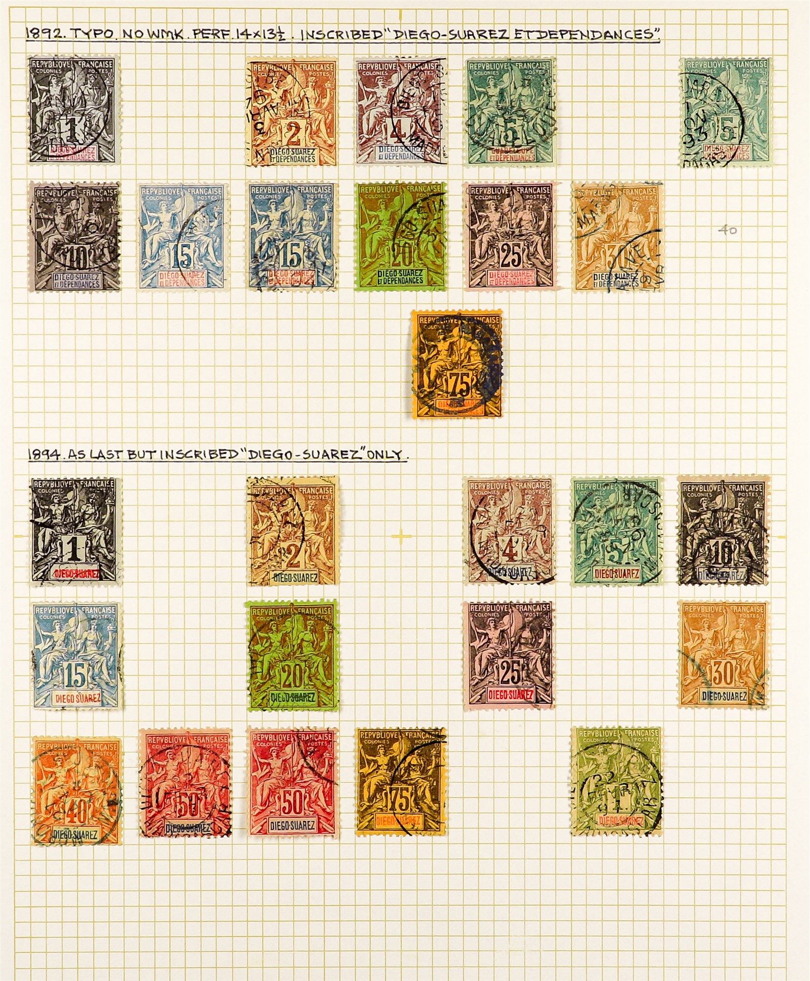 FRENCH COLONIES DIEGO-SUAREZ 1890 - 1893 COLLECTION of 60 used stamps on pages, includes 1890 "15" - Image 2 of 3