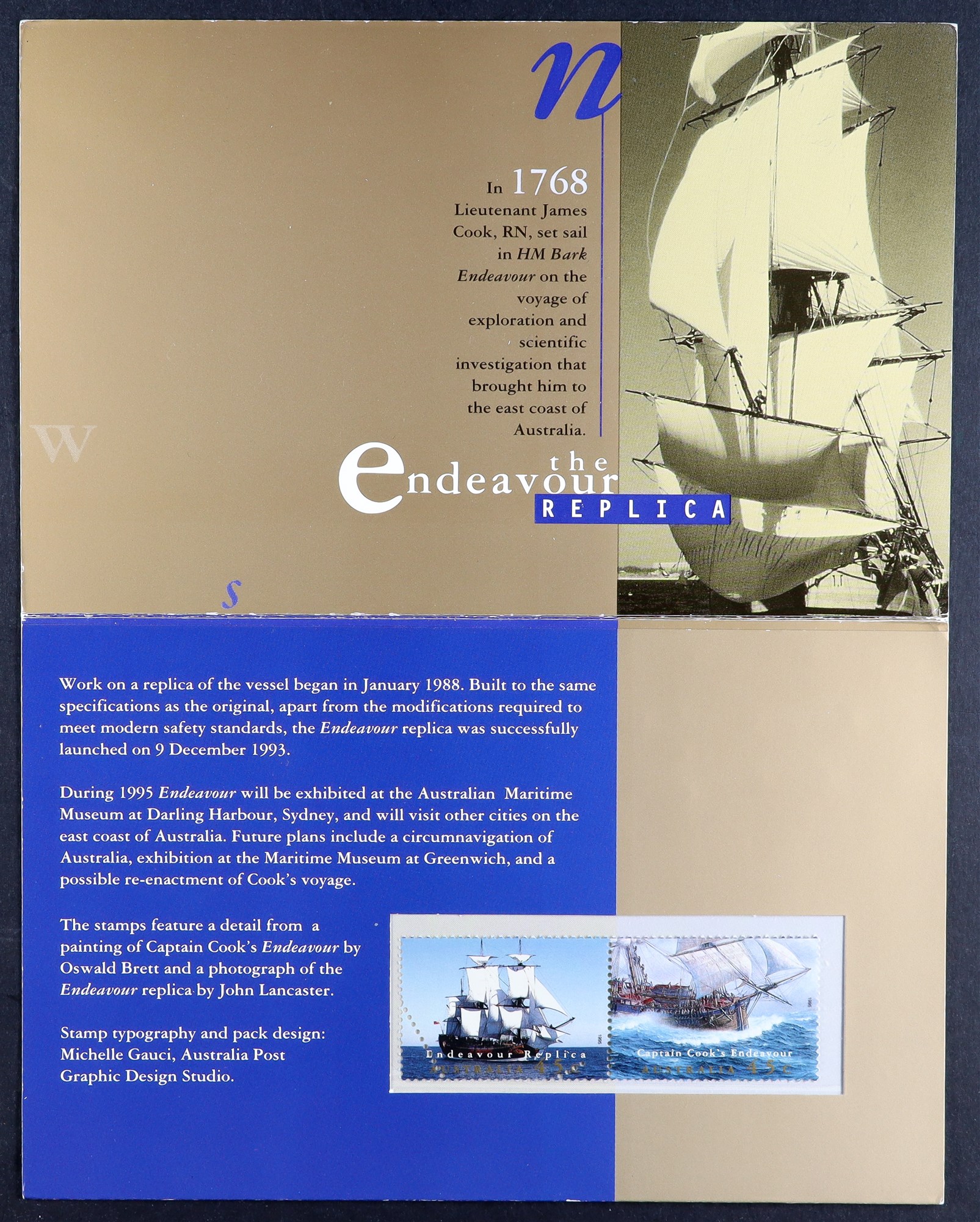 AUSTRALIA 1995 Endeavour Replica pair in sealed Australia Post presentation pack, the stamps with - Image 3 of 3