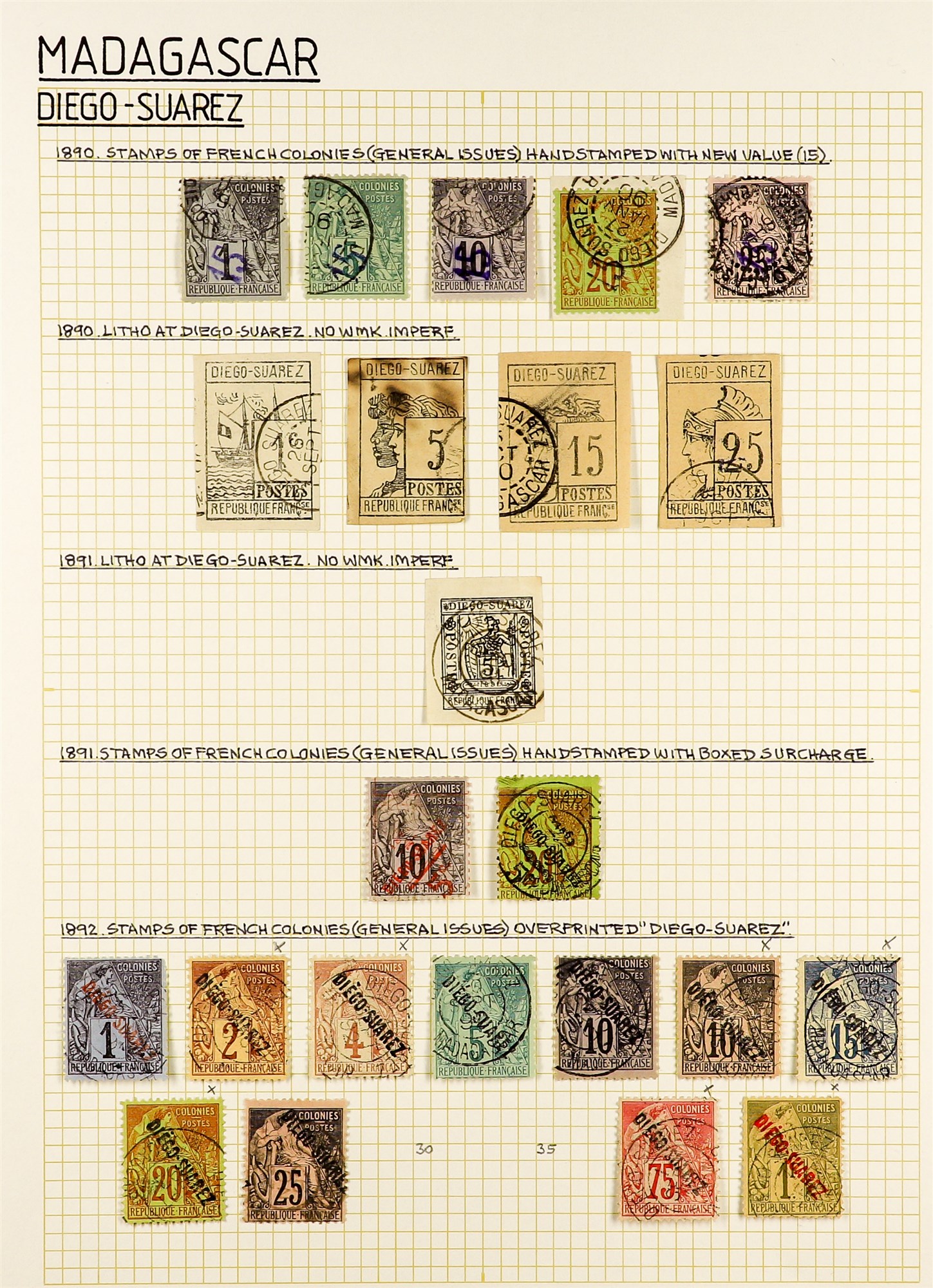 FRENCH COLONIES DIEGO-SUAREZ 1890 - 1893 COLLECTION of 60 used stamps on pages, includes 1890 "15"