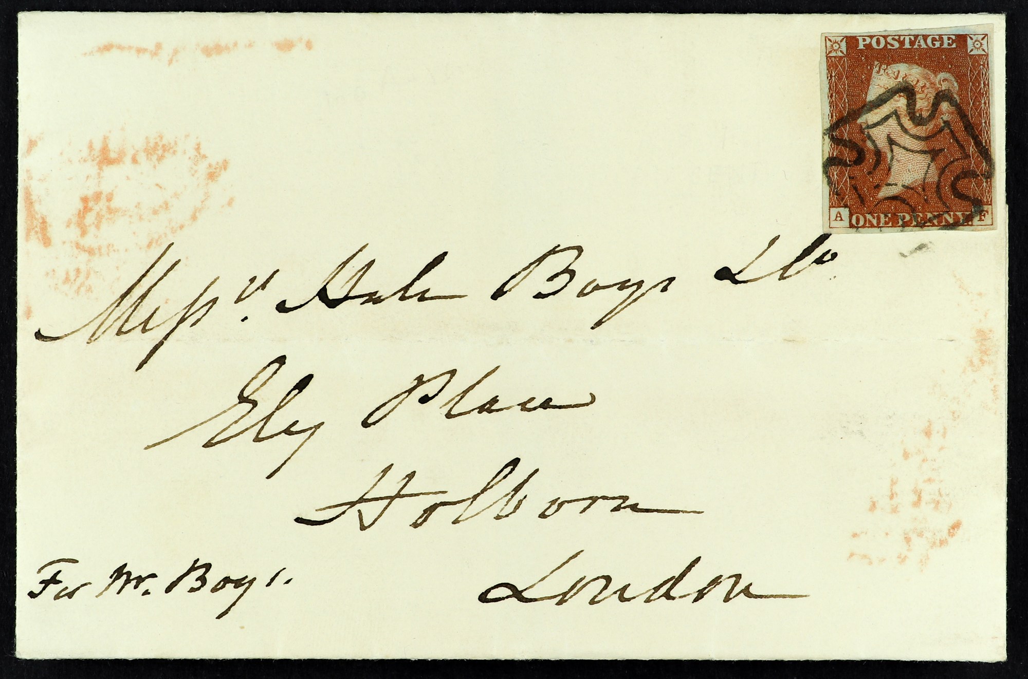 GB.QUEEN VICTORIA 1843 (14 Apr) EL to London bearing 1d red-brown plate 33 with 4 margins tied by