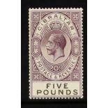 GIBRALTAR 1925-32 £5 violet and black, SG 108, never hinged mint, BPA certificate. Cat £1600.