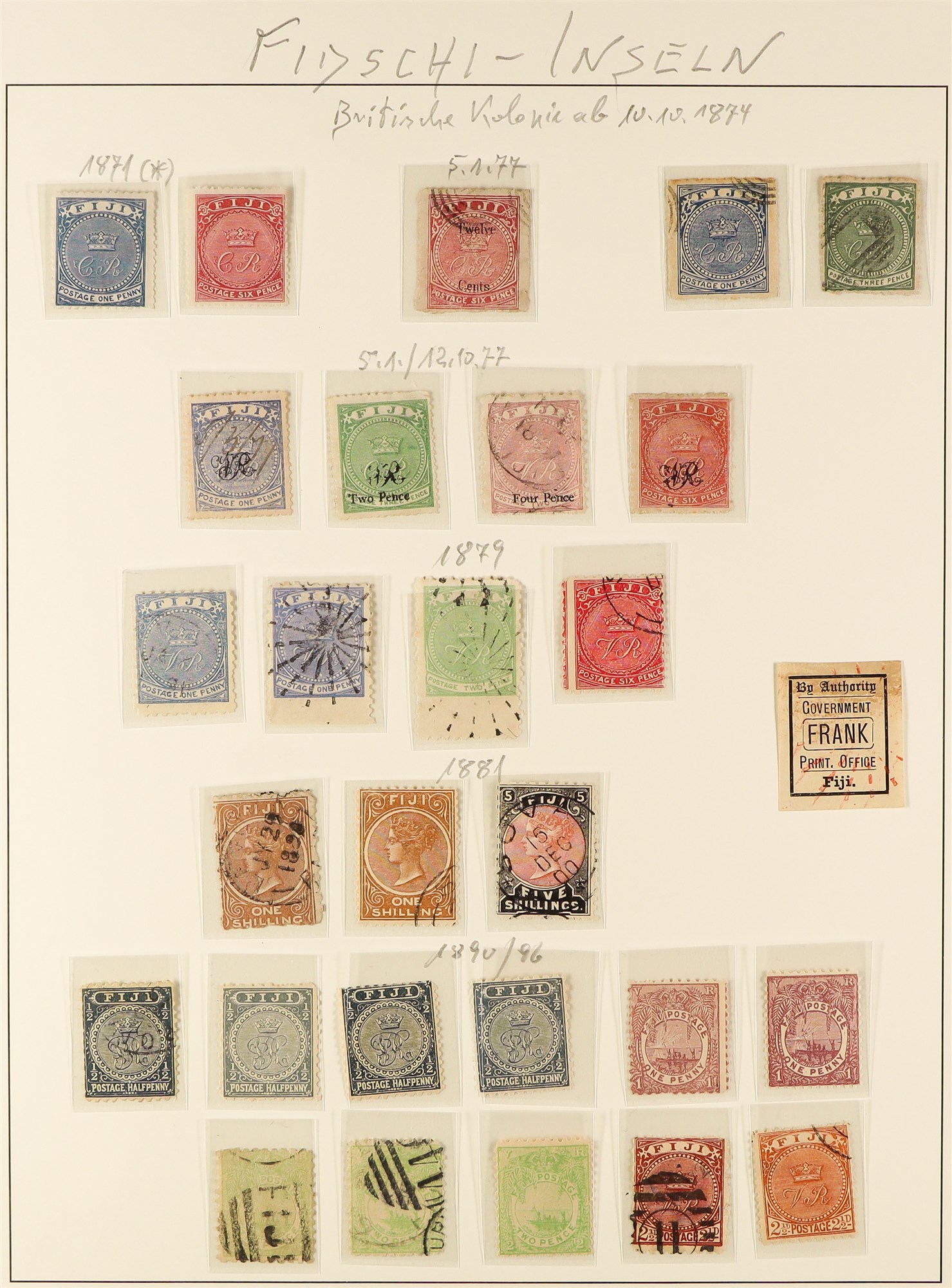 FIJI 1871 - 1951 COLLECTION approx 90 mint and used stamps on album pages, note 1871 1d blue, 6d