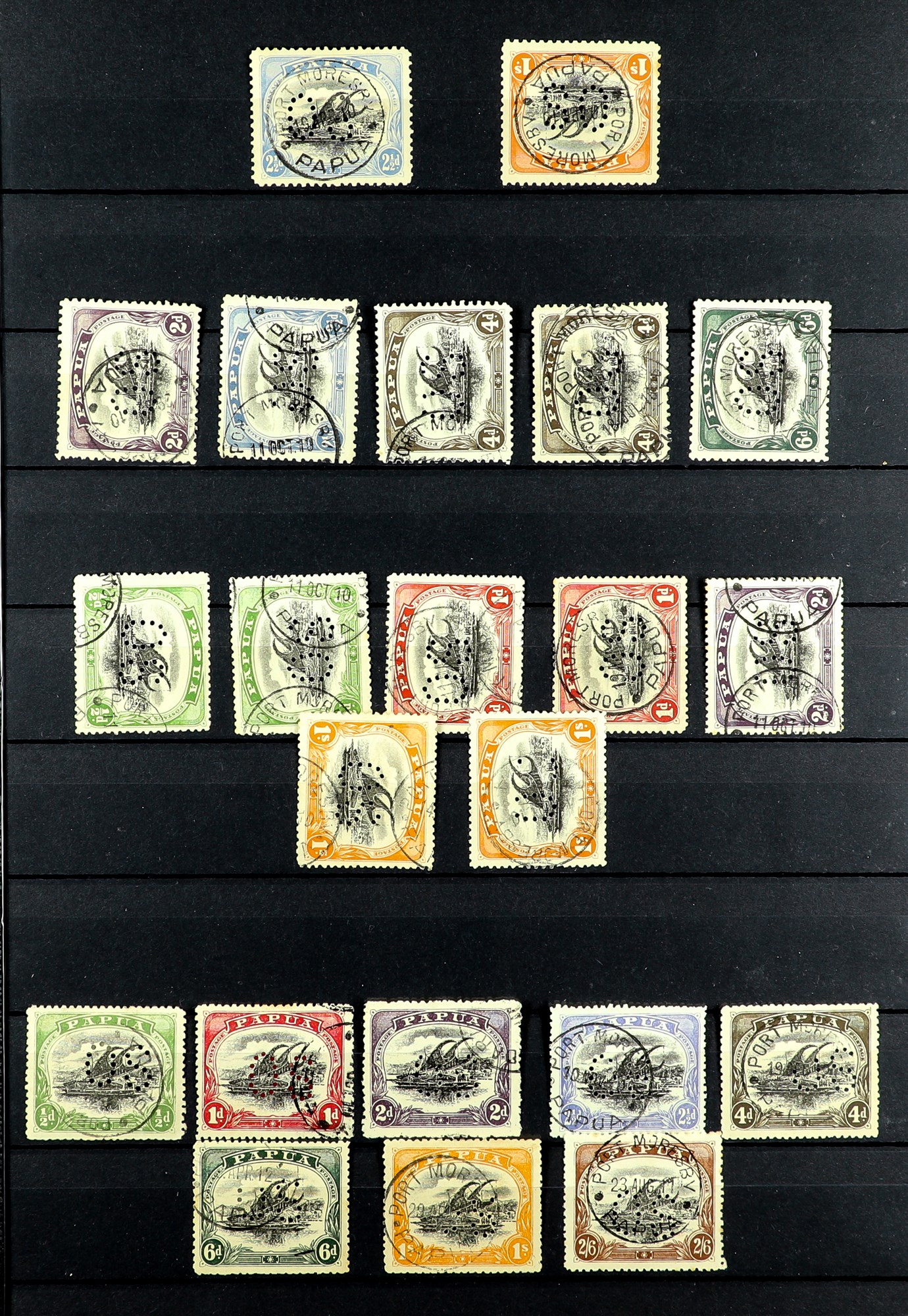 PAPUA OFFICIALS 1908 - 1932 COLLECTION of used stamps on protective pages, includes sets, high