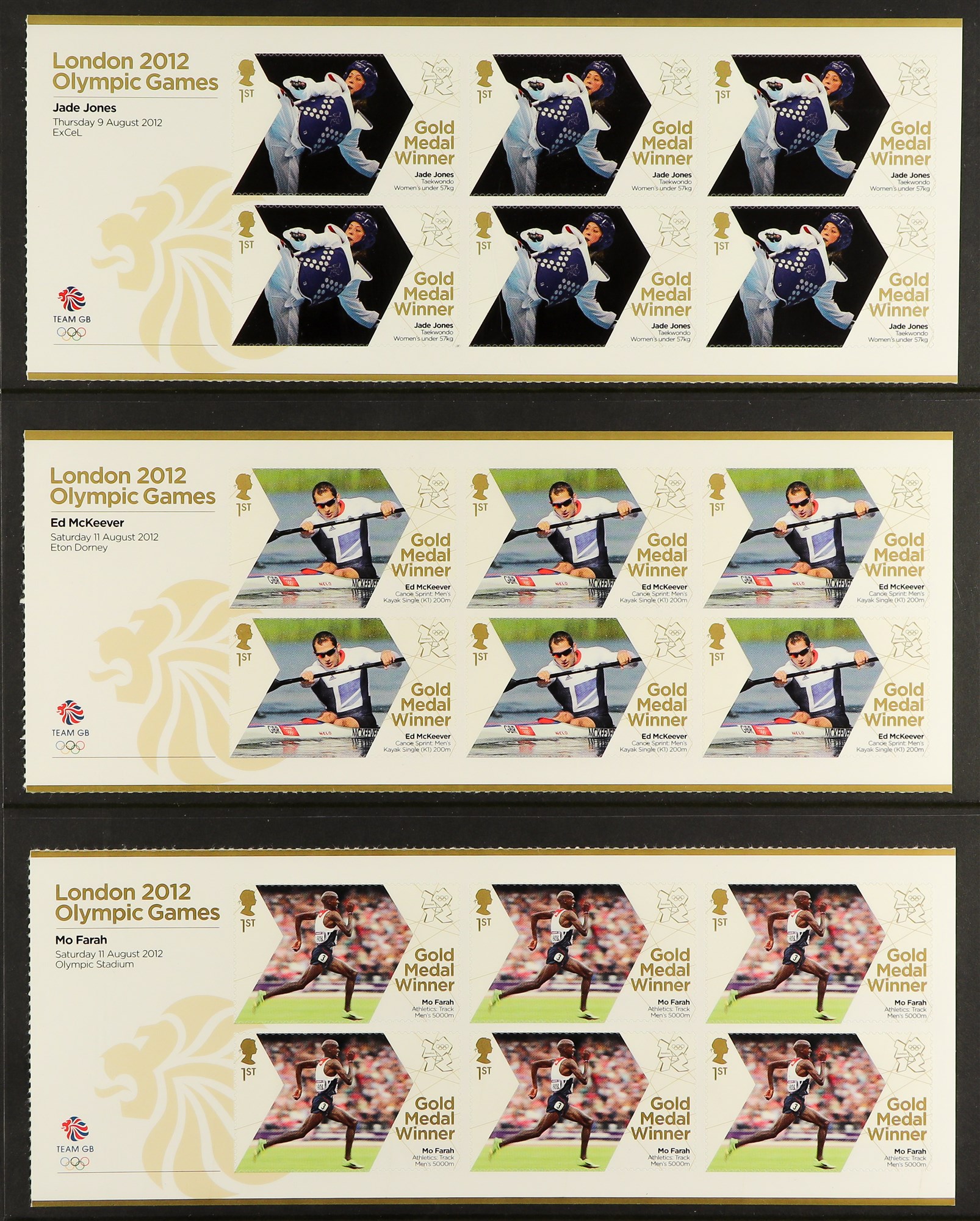 GB.ELIZABETH II 2012 Olympic Gold Medal Winners complete set of sheetlets of 6, SG 3342a/70a, and