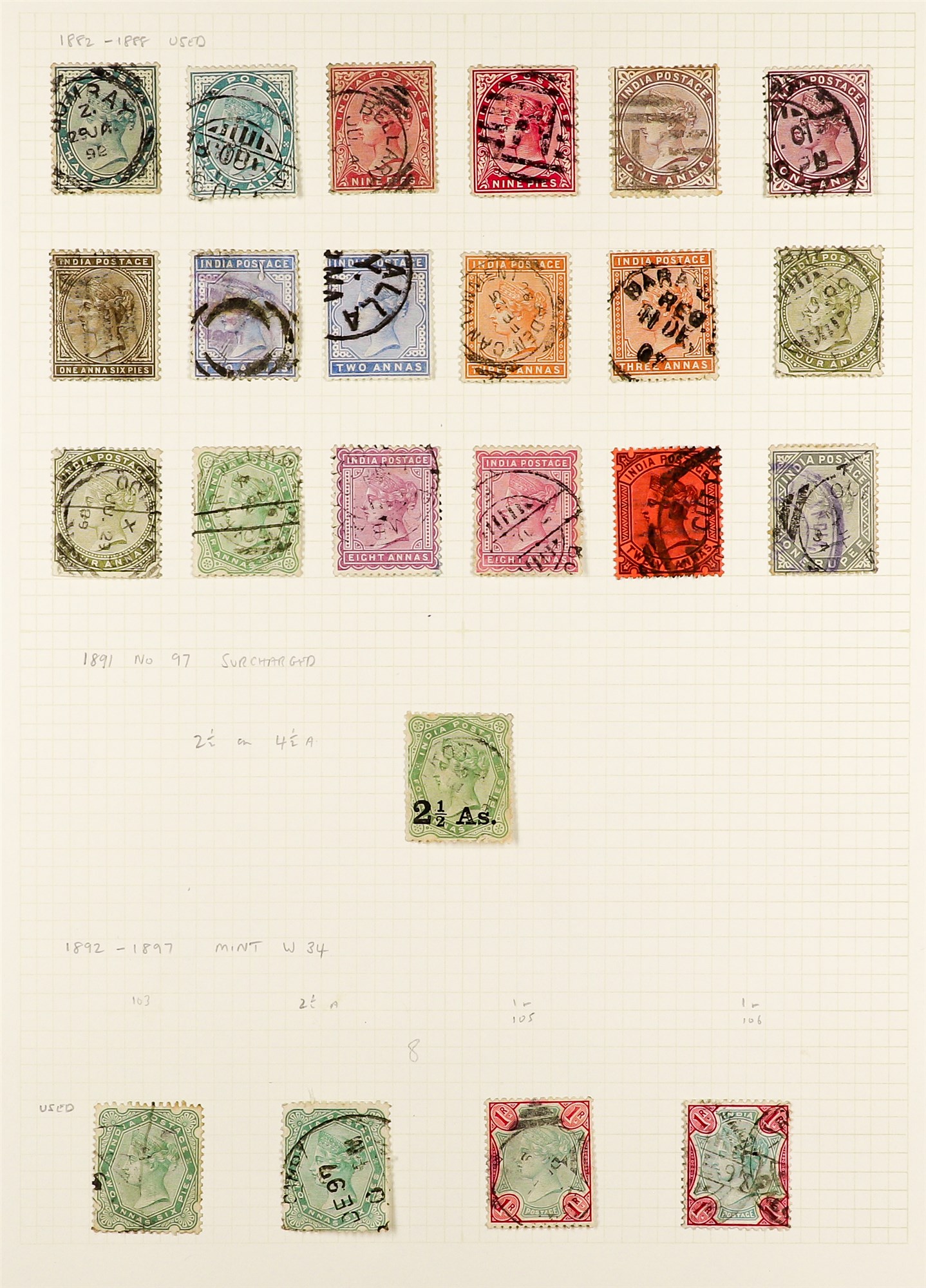 INDIA 1854 - 1952 USED COLLECTION of 400+ stamps on pages, note 1854-55 ½a (2), 1a (5), 2a (3) & 4a, - Image 5 of 27