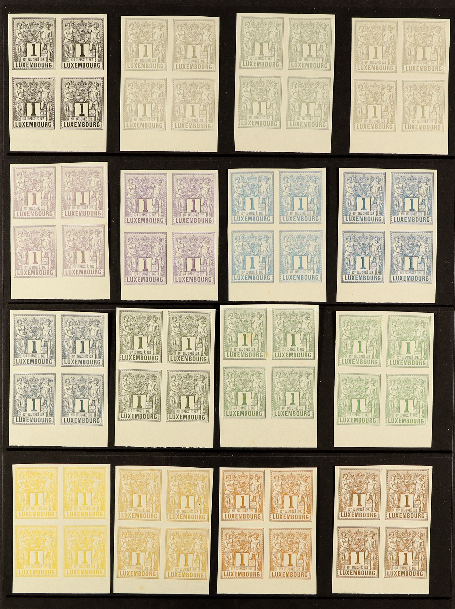 LUXEMBOURG 1882 1c 'Agriculture and Trade' Allegory - 24 IMPERF BLOCKS in different colours, on