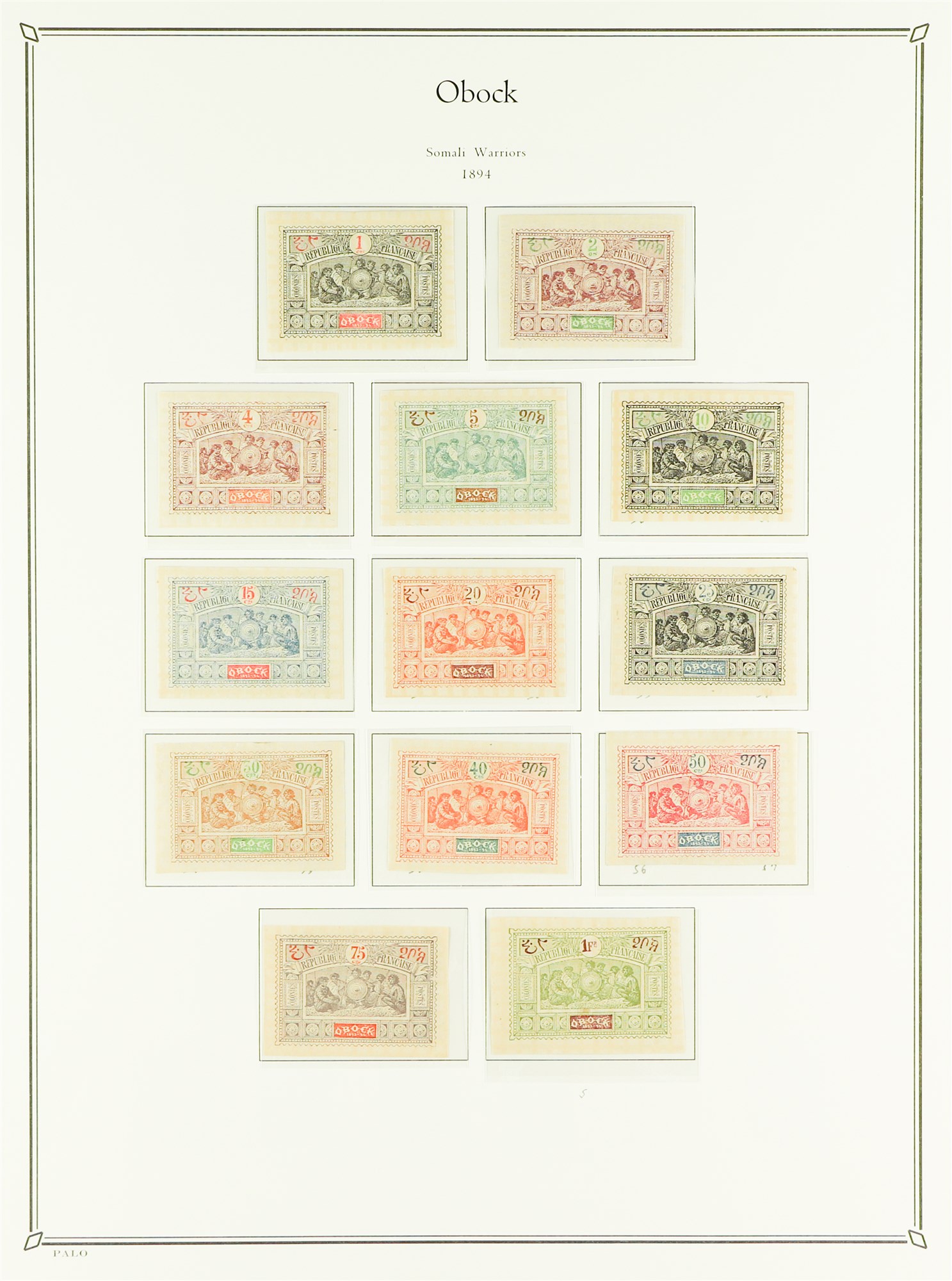 FRENCH COLONIES OBOCK 1892 - 1894 COLLECTION of 35+ mint stamps on Palo hingeless album pages,