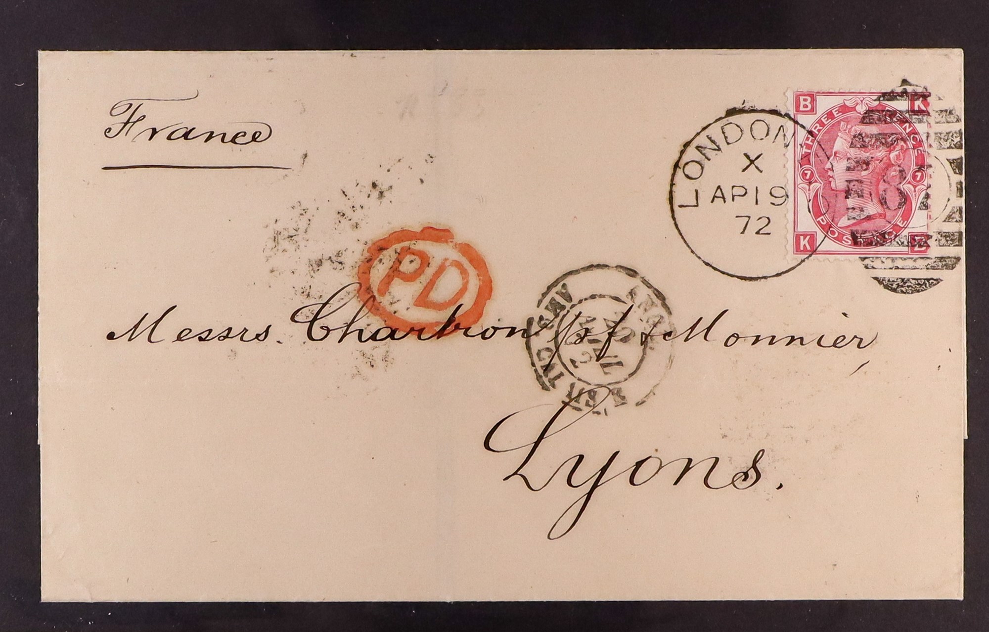 GB.QUEEN VICTORIA 1872 (April) wrapper to Lyons, France, bearing 3d plate 7 tied London "87" duplex.