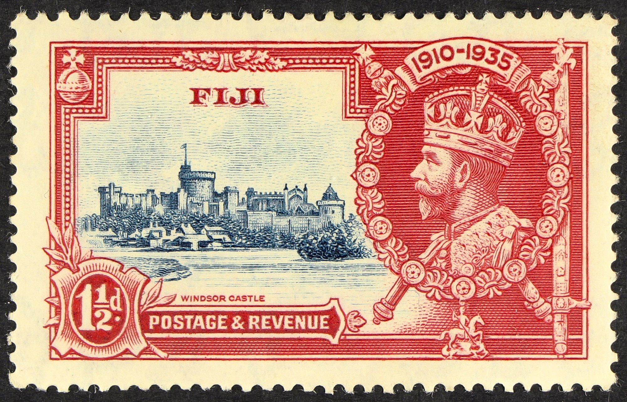 FIJI 1935 1½d deep blue & carmine Silver Jubilee DIAGONAL LINE BY TURRET variety, SG 242f, fine