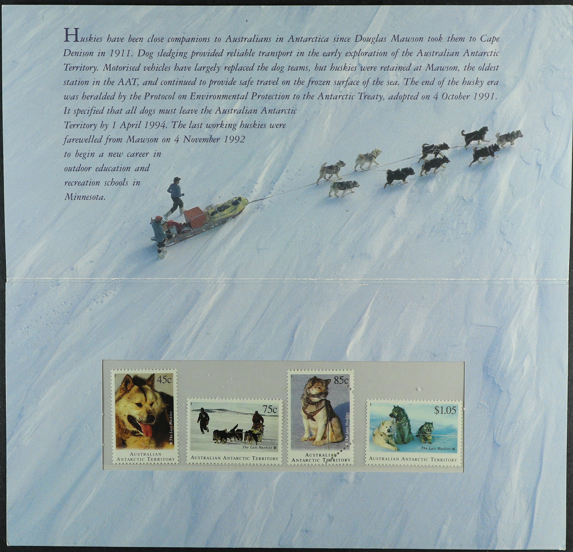 AUSTRALIAN ANT.TERR 1994 Departure of Huskies from Antarctica set, the 85c value with printers