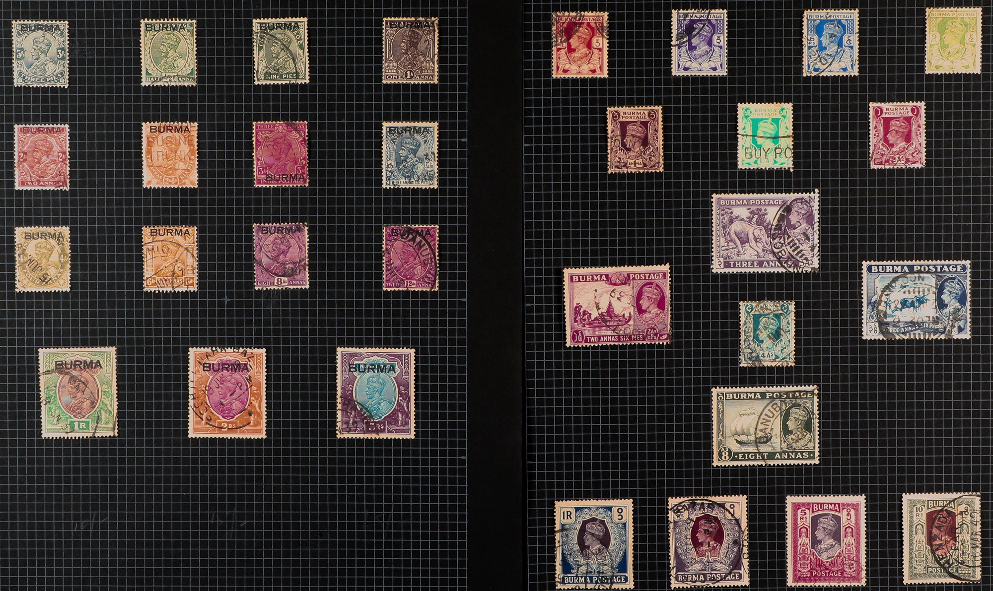 BURMA 1937-1947 USED COLLECTION on pages, includes 1937 opts set to 5r, 1938-40 set, 1946 set,