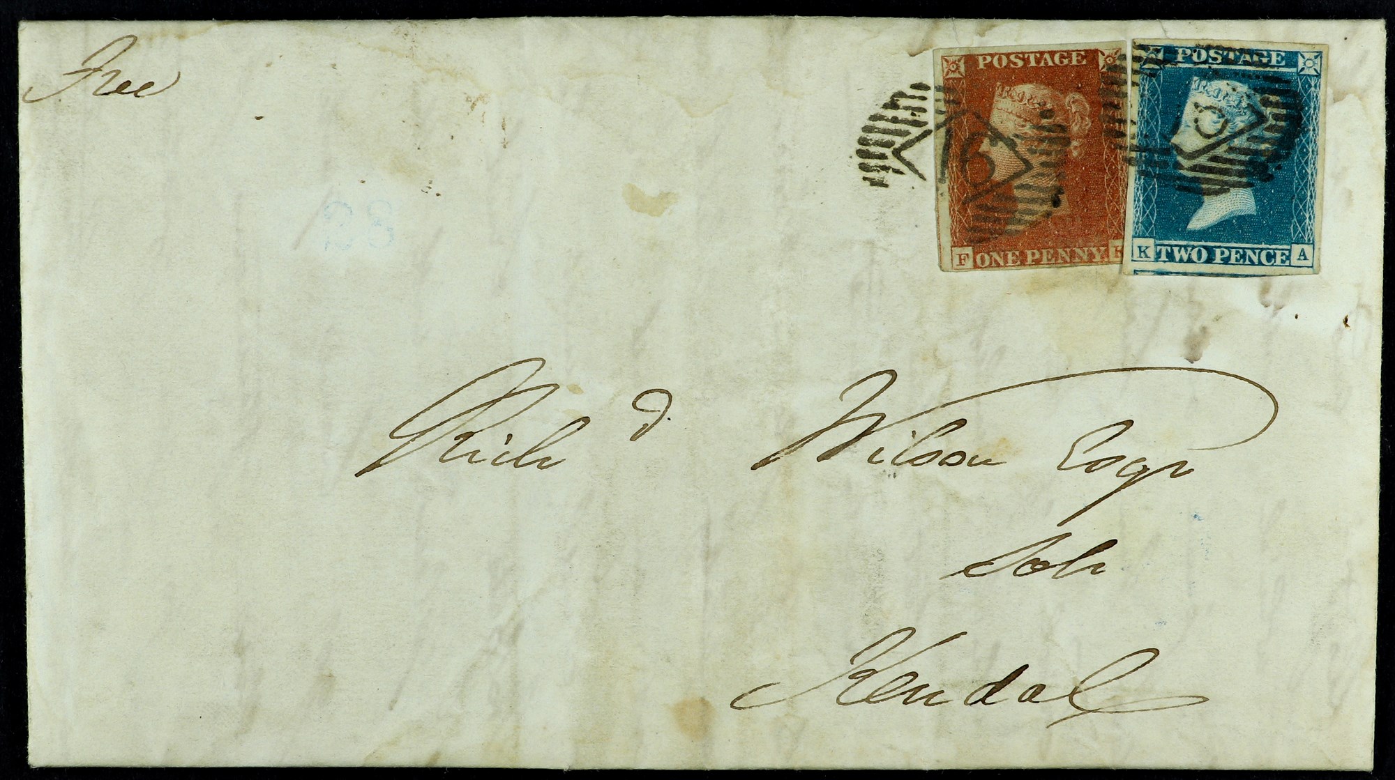 GB.QUEEN VICTORIA 1846 (6 May) EL to Kendal bearing a pretty franking of 1d red-brown & 2d blue