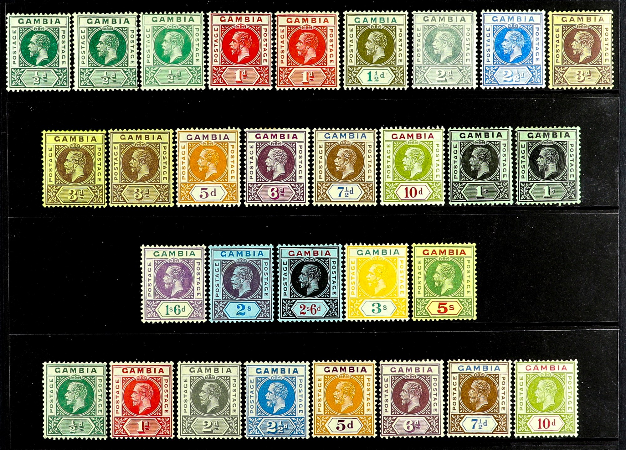 GAMBIA 1912 - 1929 COLLECTION of over 50 mint stamps on protective pages, 1912-22 Wmk Mult CA set