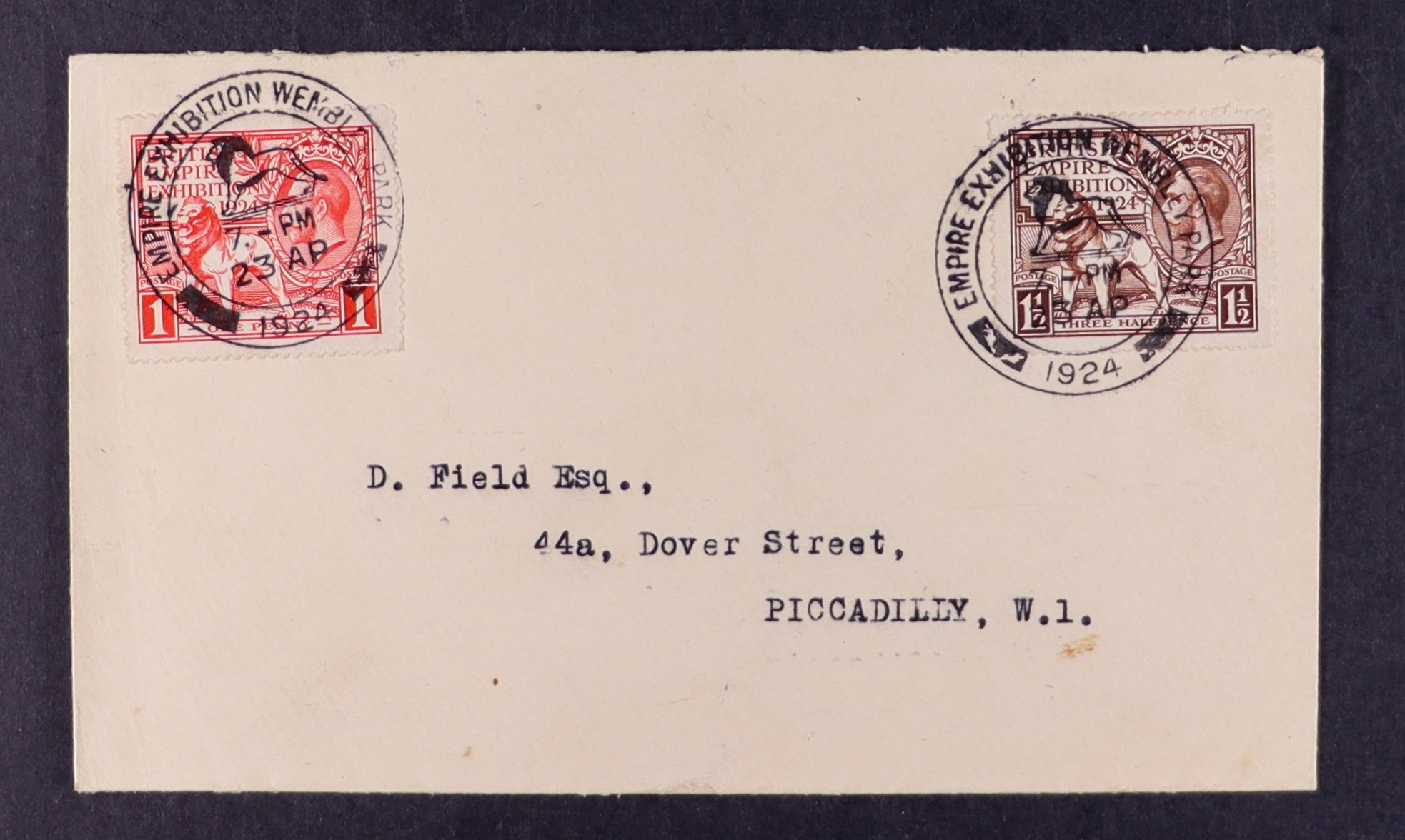 GB.FIRST DAY COVERS 1924 (23 Apr) Wembley set carefully placed and tied to plain typed addressed