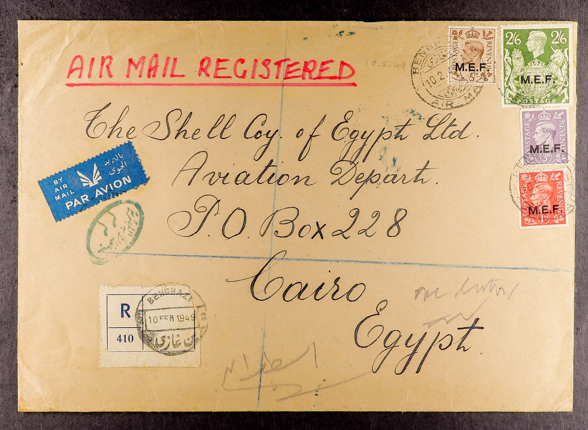 BR. OCC. ITAL. COL. M.E.F. 1949 (10 Feb) large env endorsed "AIR MAIL REGISTERED" to Cairo (The