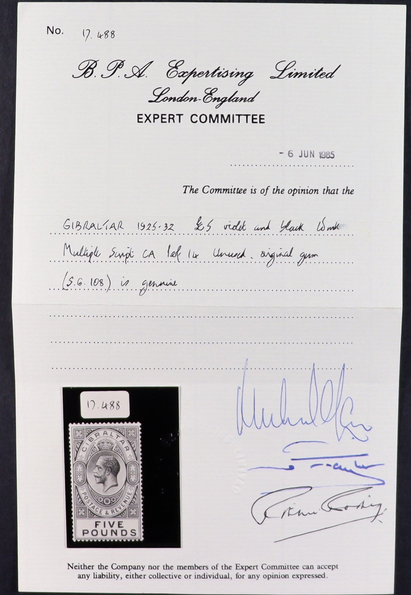 GIBRALTAR 1925-32 £5 violet and black, SG 108, never hinged mint, BPA certificate. Cat £1600. - Image 2 of 2