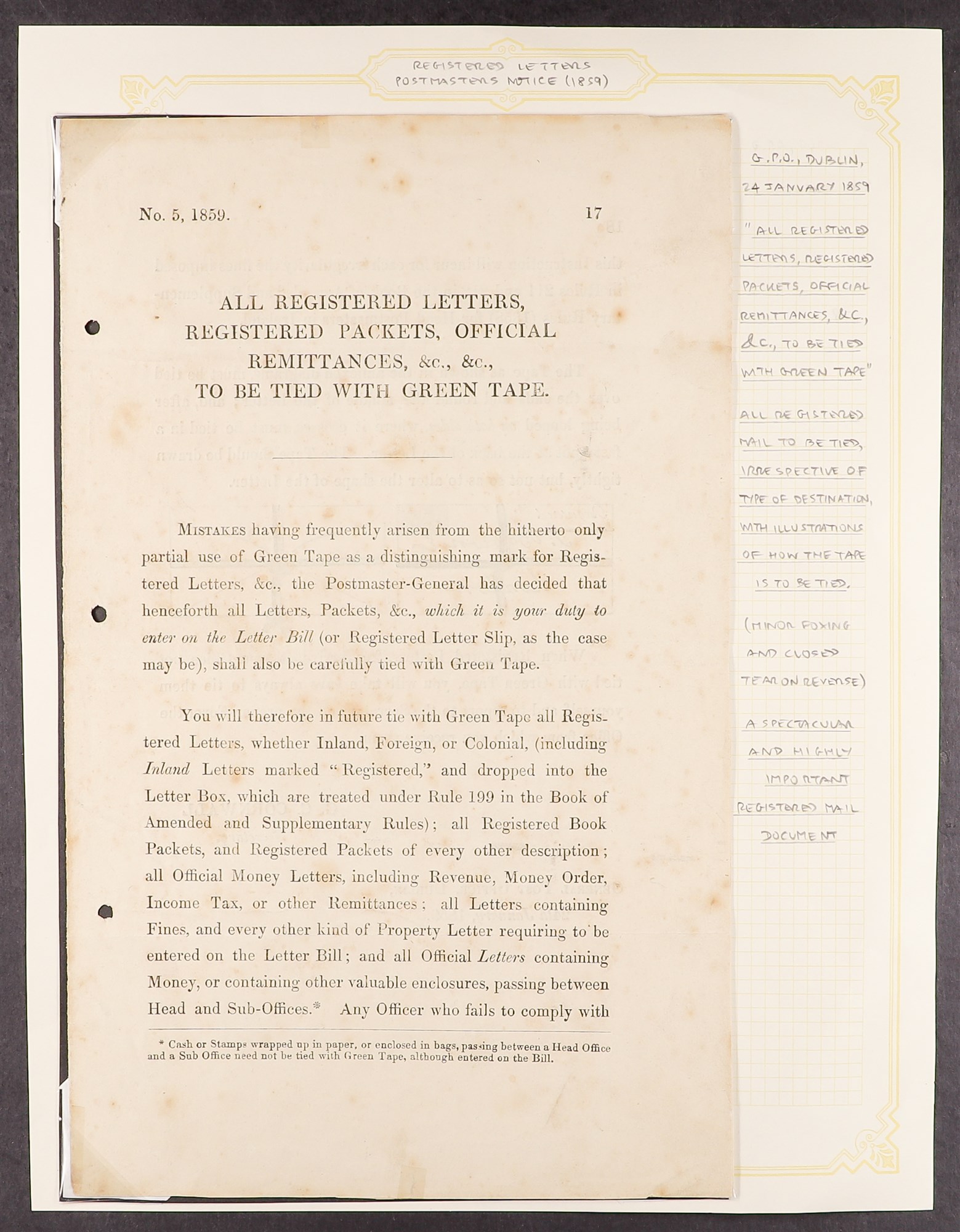 IRELAND 1859 POSTMASTERS NOTICE FOR REGISTERED LETTERS printed circular from the General Post Office