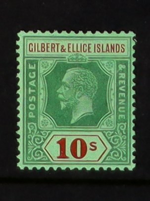 GILBERT & ELLICE IS 1924 10s green and red on emerald, SG 35, never hinged mint. Cat £180 as