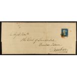 GB.QUEEN VICTORIA 1840 2d blue plate 1 "NC", with part margins to all sides, and tied by red Maltese