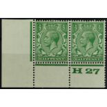 GB.GEORGE V 1924-26 ½d green, SG 418, "H27" control corner pair, perf. type 3A, fine mint, the